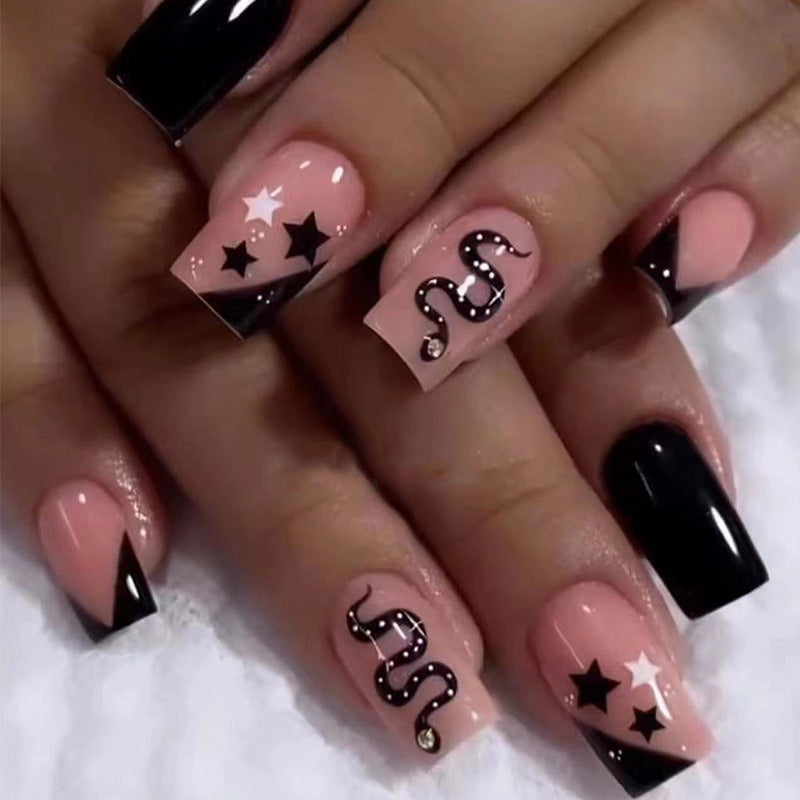 黑蛇星星穿戴甲裸色nails 法式跨境美甲片外贸假指甲长甲美甲贴片