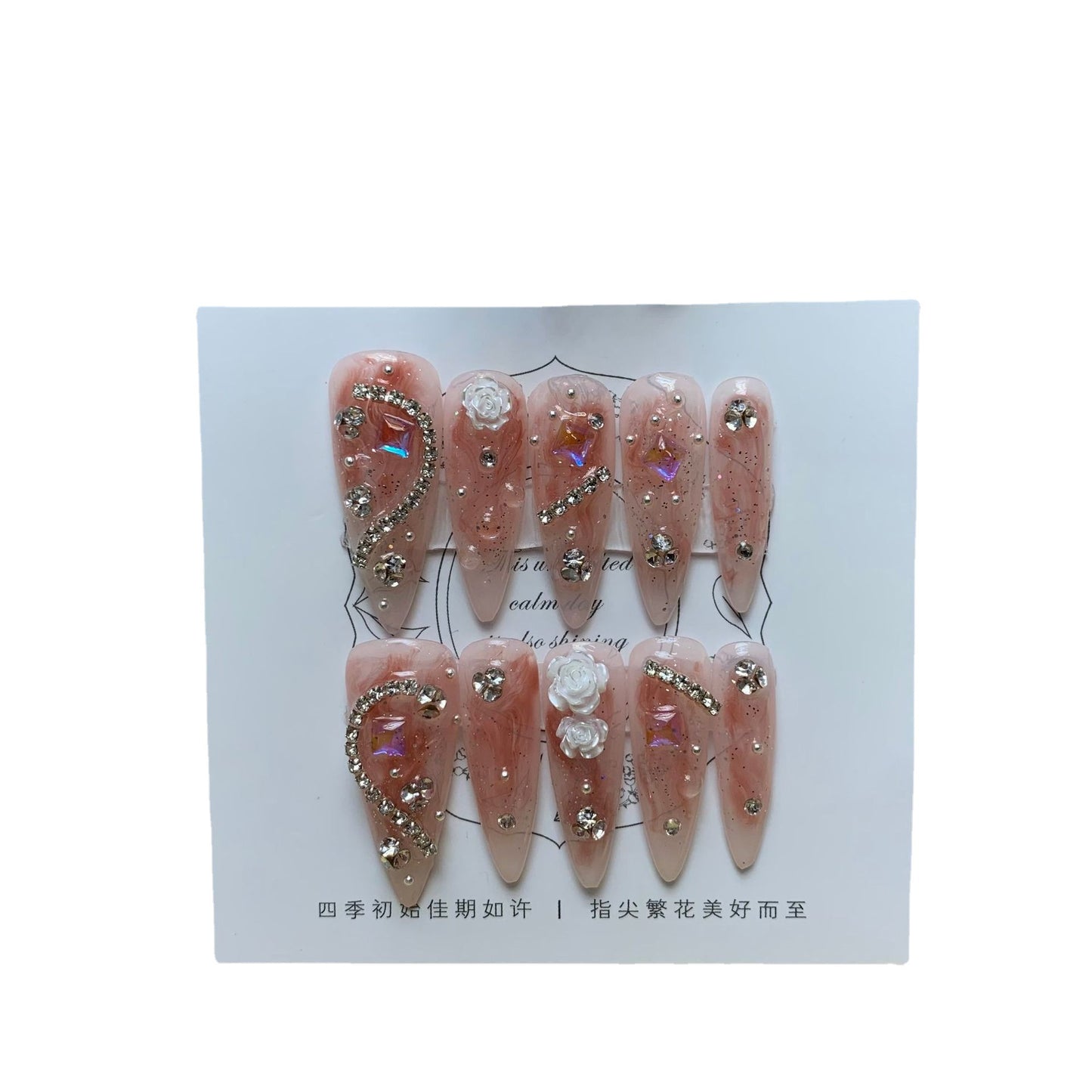 (Hand-Made Nail) 333 Handmade Phototherapy Wear Nail Almond Nail Full Diamond Camellia Wear Nail Finished Product Repeated Use Nail Art