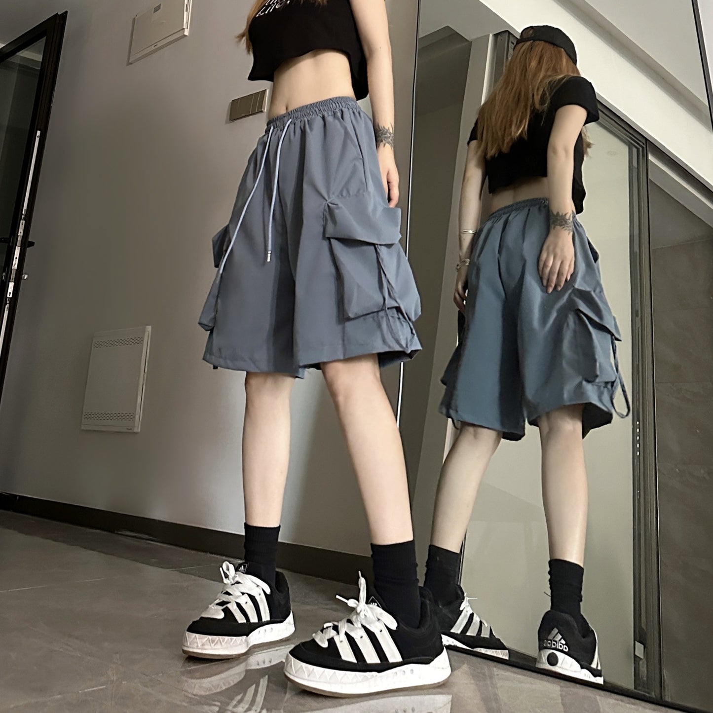 Dopamine pants Free shipping Tattoo Dopamine sports shorts women's American summer thin outer wear wide-leg casual and thin quick-drying overalls five points