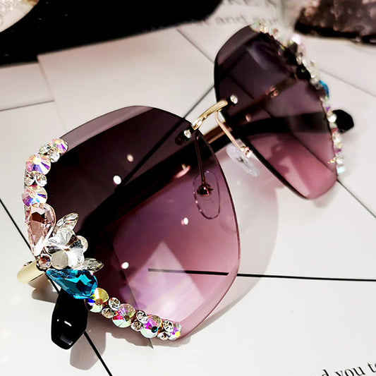 Women's fashion glasses 2024 新款太阳镜女士防紫外线大脸显瘦无框水钻墨镜女ins韩版潮