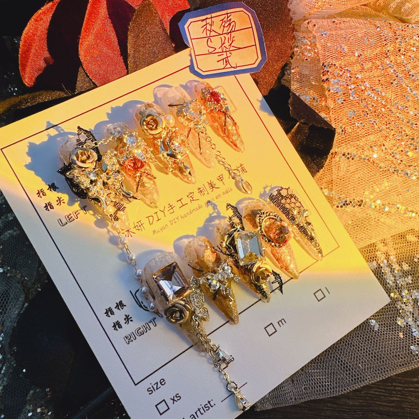 (Hand-Made Nail) Yanyan Handmade Nail Real Shot Heavy Industry Golden Autumn Luxury Zircon Flash Non-Mainstream Style Hot Girl Nail Beauty Rhinestone Wear Nail