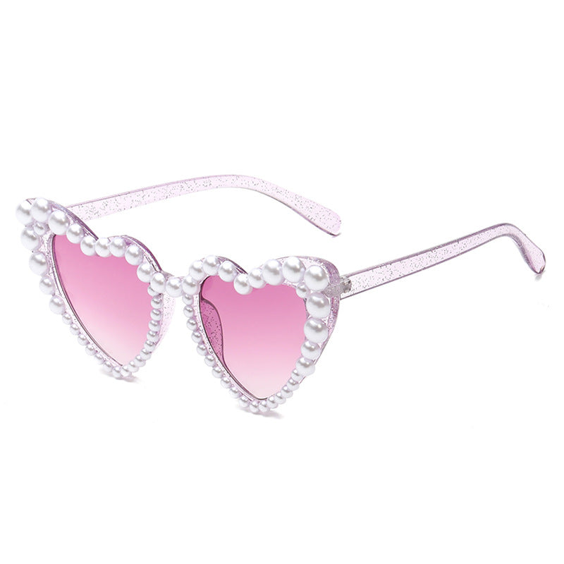 Women's fashion glasses 2022跨境大框架歪心欧美镶珍珠太阳镜桃心爱心女士墨镜防紫外线