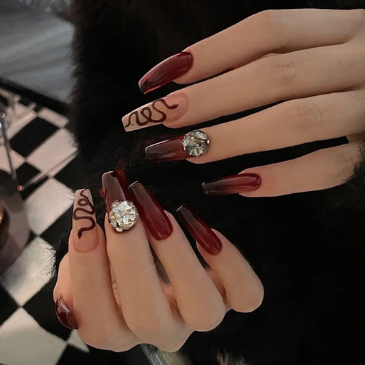 Fashion  nail Wearable Fake Nails Snake Diamond Manicure European and American Nail Nail Sticker Finished Detachable Nail Tip Patch Ballet Nail A49