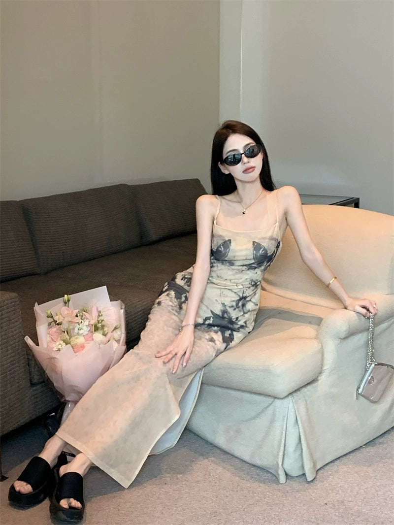 Fashion women's wear Women's French-Style Tie-Dyed Printed Suspender Dress Summer Elegant Waist Slimming Sexy Sheath A- line Dress for Hot Girls