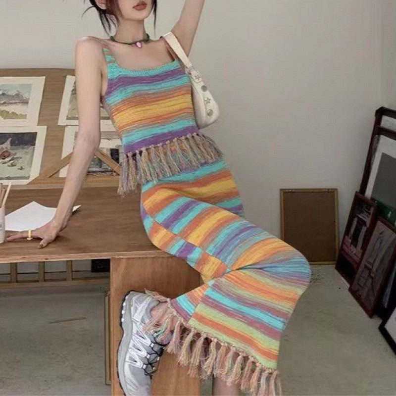 Dopamine dress Free shipping Tattoo Dopamine Sweet Girl Suit Girl Wear Summer Skirt A Complete Set of Fringed Sweet Wind Knitted Suspender Long Dress