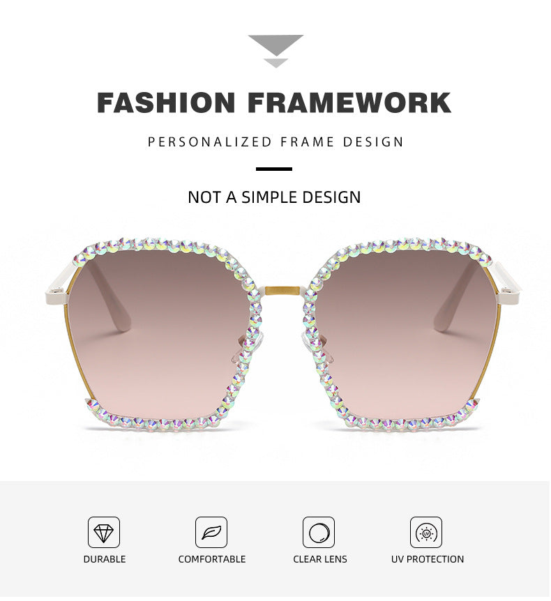 Women's fashion glasses 跨境新欧美镶钻大框太阳镜女高级感复古茶色墨镜显瘦韩版防晒眼镜