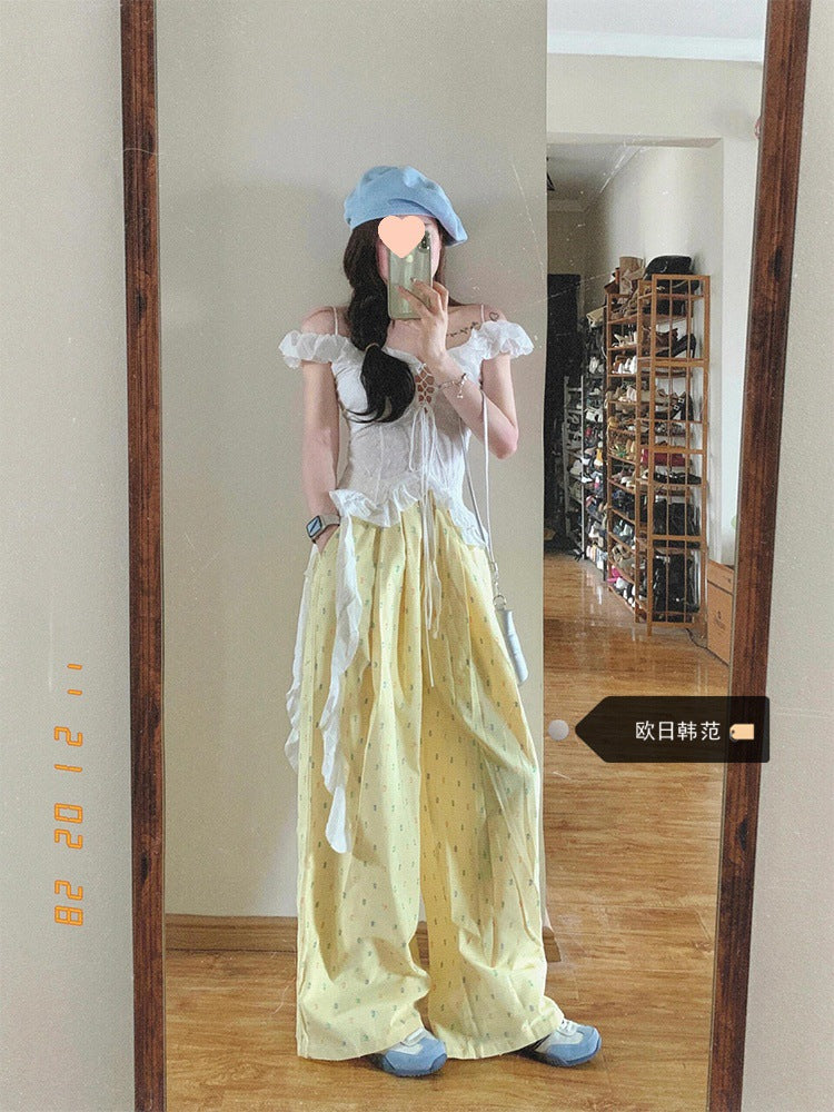 Free shipping  Large size dopamine color polka dot casual trousers women's summer high waist loose and thin walking trousers wide leg trousers tide pants