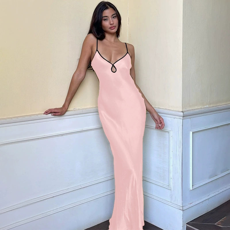 Fashion women's wear High-Grade Solid Color Satin Sling Dress Special-Interest Design French Style Temperament Hot Girl Seaside Vacation Slim Fit Long Dress