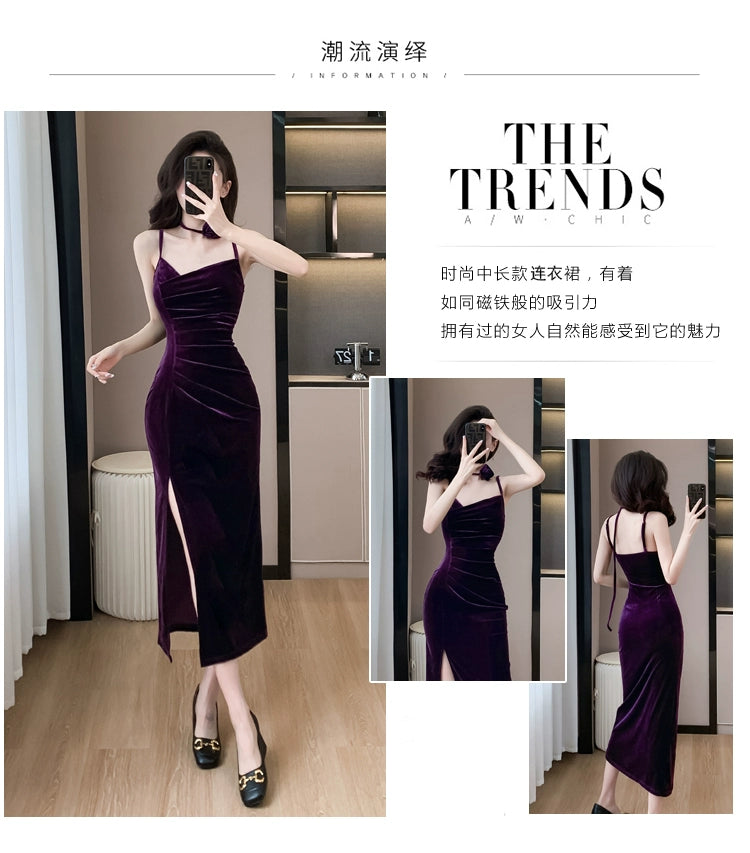 Fashion women's wear French Style Adult Lady like Woman Pleuche Spaghetti-Strap Dress Women's High-Grade Red Evening Dress 2024 Spring Women's Clothes Long Dress