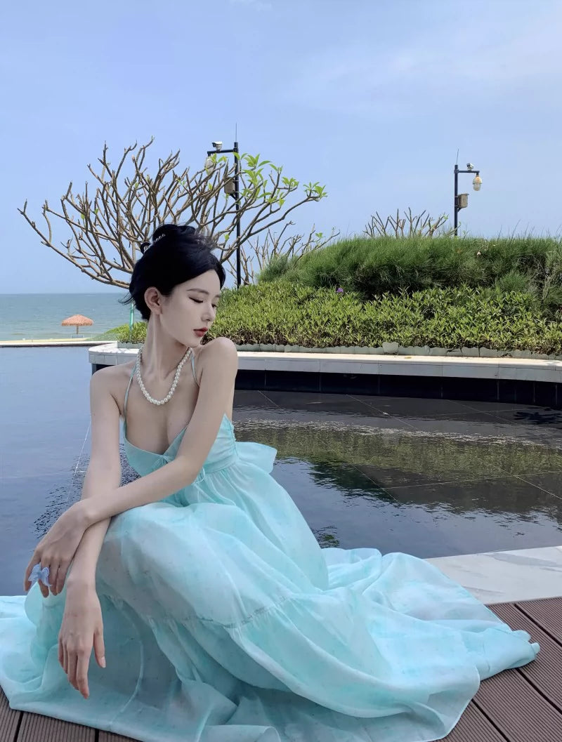 Fashion women's wear French Pure Desire Style Sexy Backless Halter Sling Dress Fairy Temperamental Beautiful Seaside Vacation Beach Dress