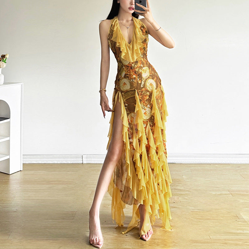Free shipping  summer new sexy ruffle edge vacation style Spice girl neck suspender skirt woman dress