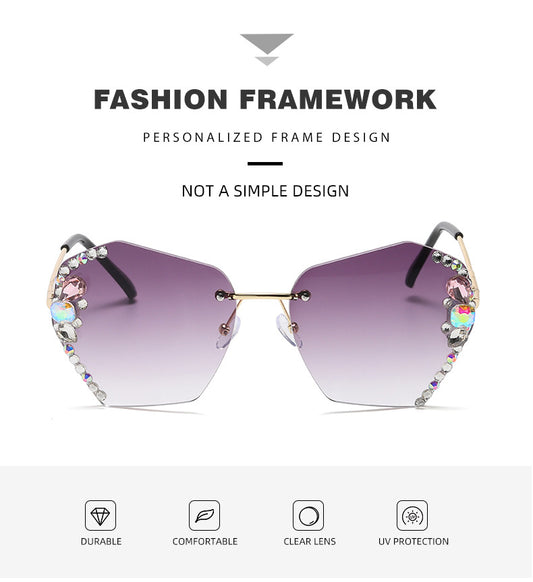 Women's fashion glasses 跨境新款镶钻墨镜女潮街拍大脸显瘦防紫外线水钻太阳眼镜显脸小