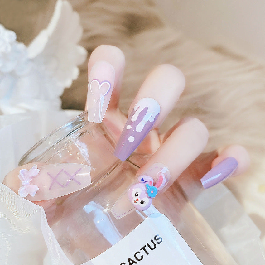Fashion  nail New Purple Rabbit Cute Long Finished Nail Beauty Wearable Fake Nails Removable Nail Tip Wearable Armor X71