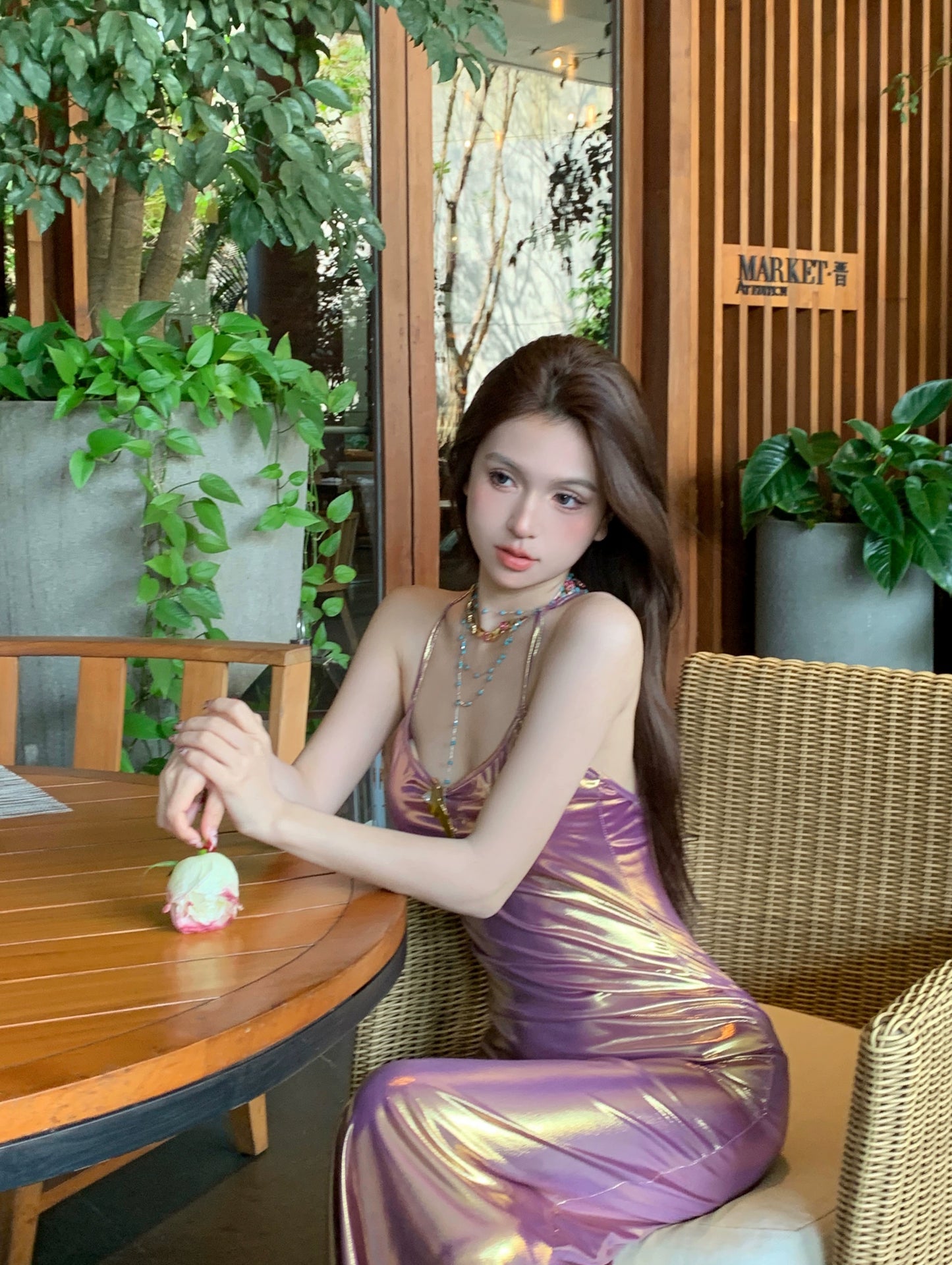 Fashion women's wear Beautiful Green Luminous Fabric Gradient Color Backless Slim Fit Sling Dress Women's Long Skirt 2024 New