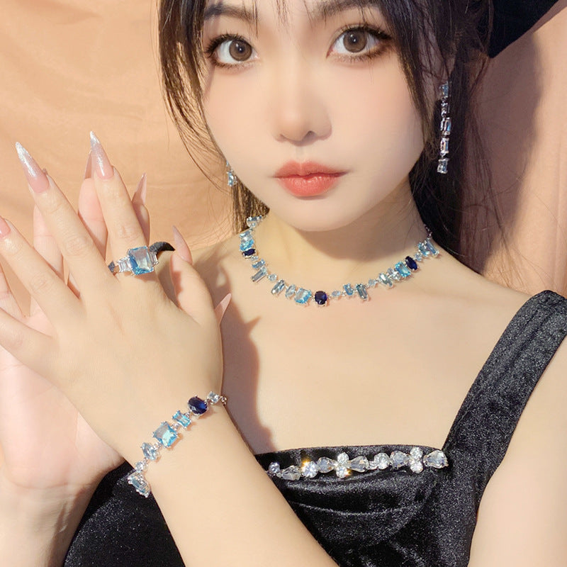 珠宝首饰山茶洛丽塔流光璀璨小众海蓝宝戒指 镀18K金清冷时尚精致梦幻套装