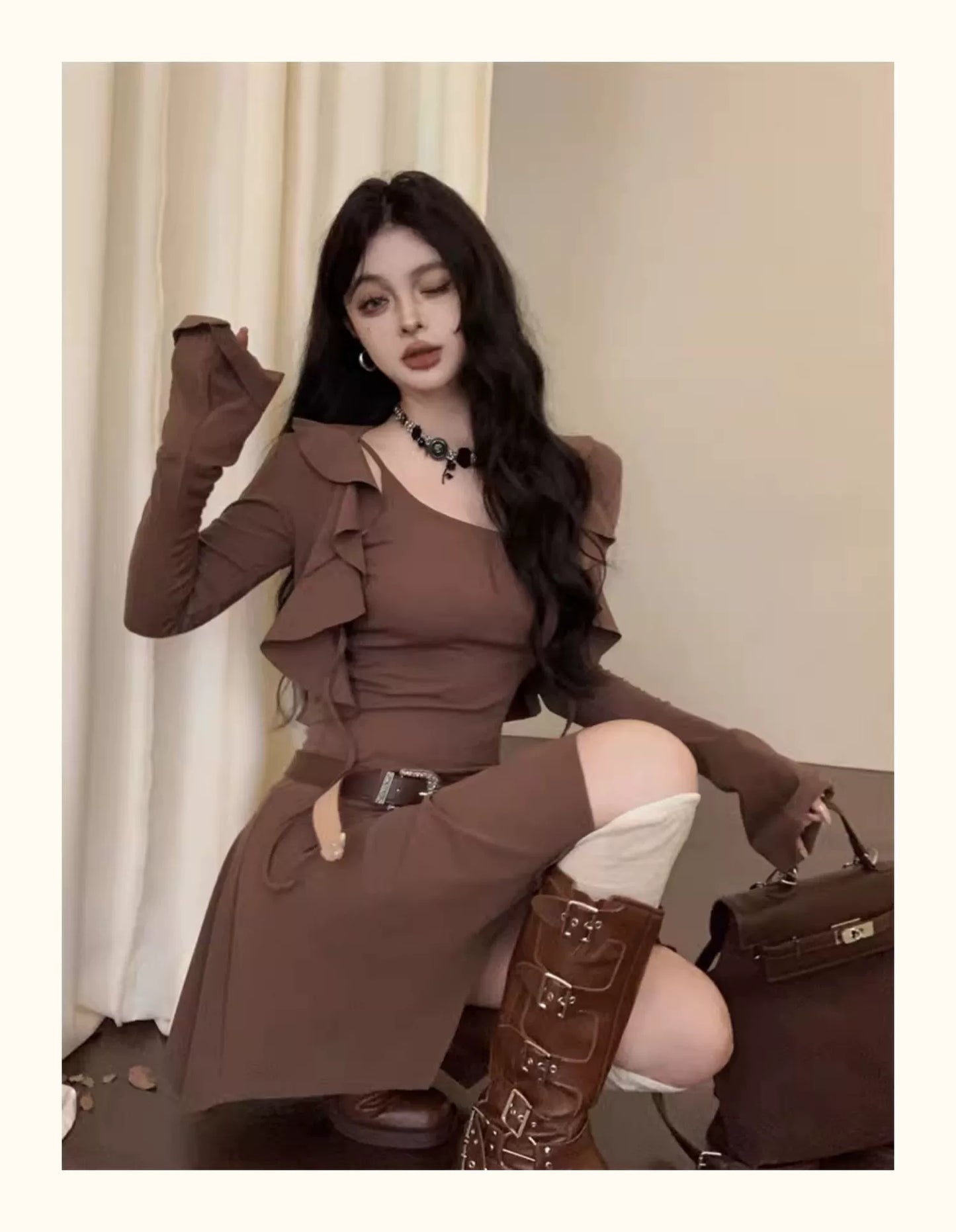 Fashion women's wear Brown Sleeveless Sling Dress Women's Summer Hot Girl Fitted Waist Pleated A- line Short Skirt Ruffled Cardigan Two-Piece Set