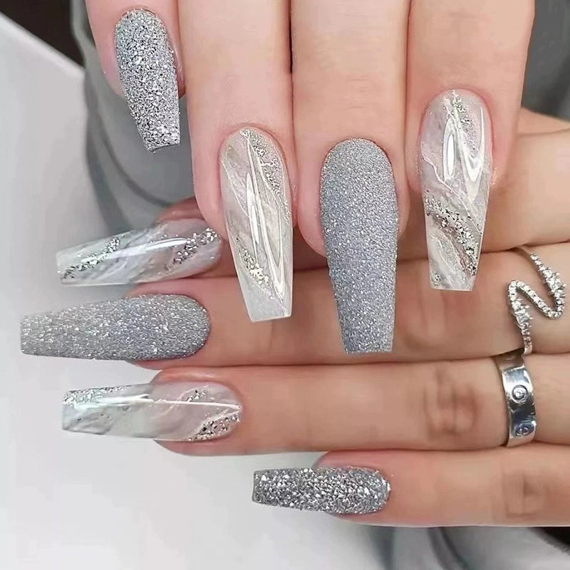 (Hand made nail) European and American Spicy Girl Super Long Instagram Dark Small Stand Retro Trapezoidal Shining Diamond Beauty False Nail Patch Detachable Wearable Nail