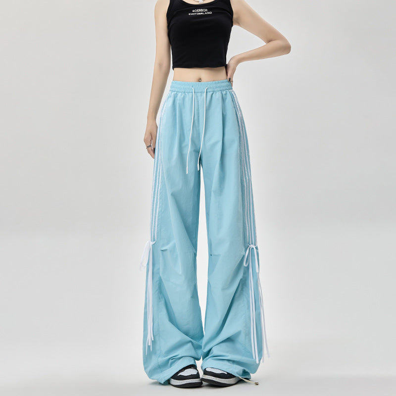 Dopamine pants Free shipping Tattoo American dopamine parachute overalls women's summer bow streamer dancing pants wide-leg ice silk quick-drying pants