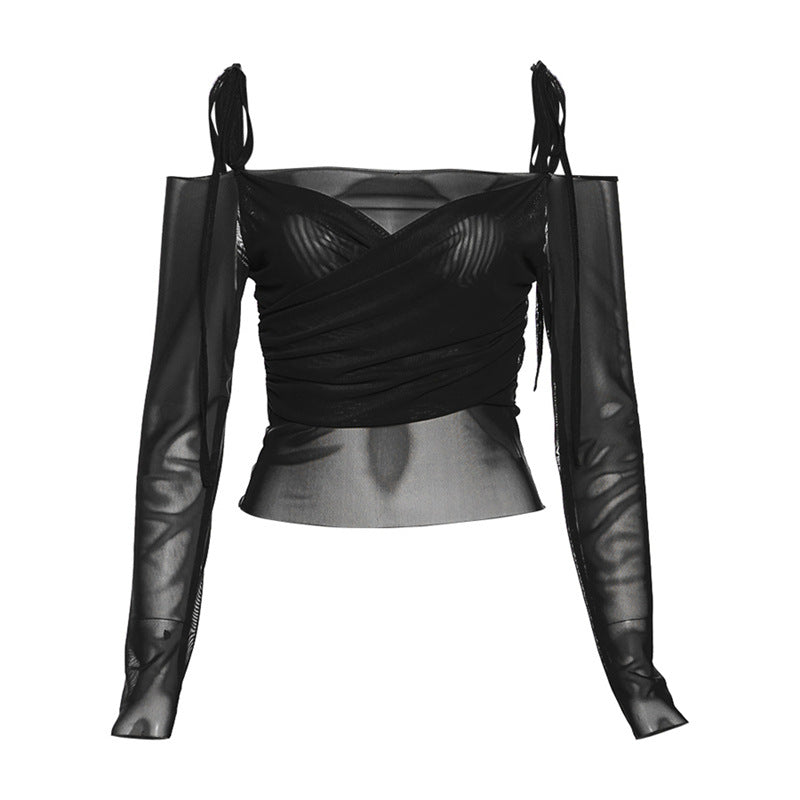 Free shipping Tattoo European and American style 2024 summer new women's clothing Spice Girl one-word collar shoulder sleeves long sleeves waist open button slim T-shirt tops