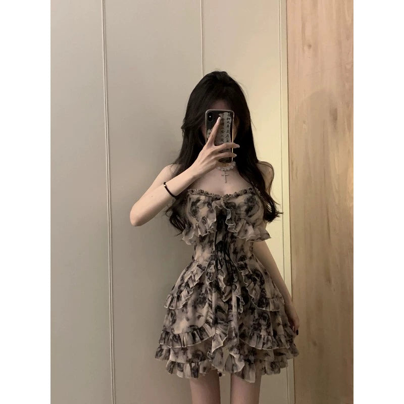 Fashion women's wear French Ink Floral Strap Dress Women's Waist-Tight Dignified Sense of Design Niche Pure Hot Girl Short Skirt Summer