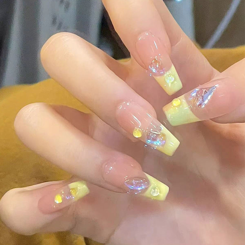 异形水滴穿戴甲嫩黄指甲贴片显白美甲片半手工假指甲美甲贴片成品