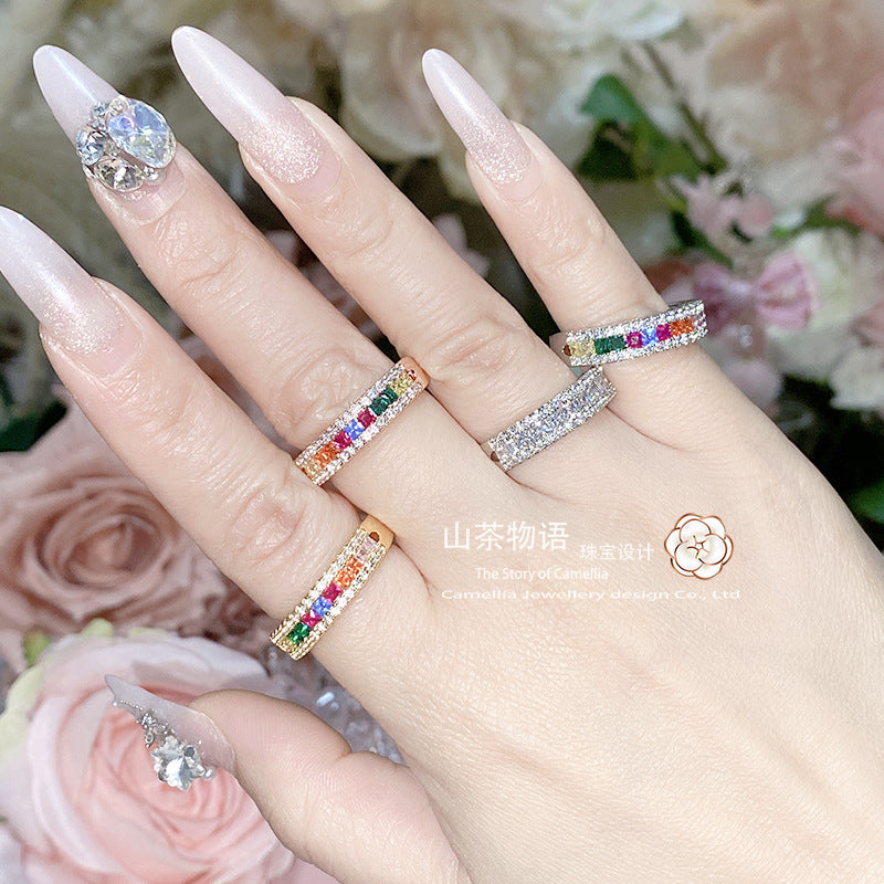 Camellia时尚百搭eBay爆款小众戒指男女 铜镀金微镶彩虹锆石指环