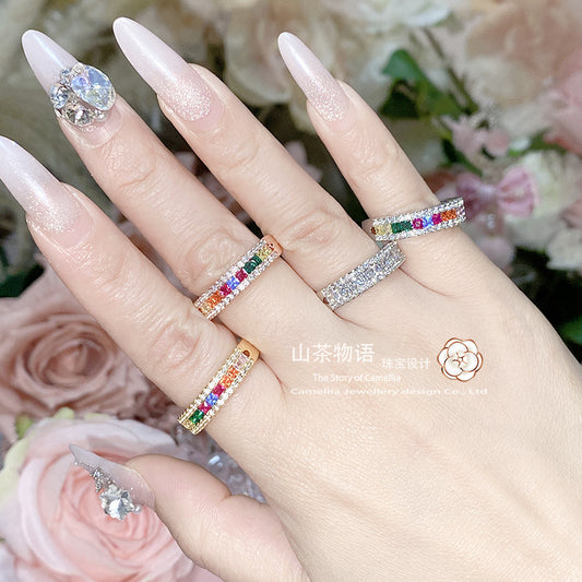 Camellia时尚百搭eBay爆款小众戒指男女 铜镀金微镶彩虹锆石指环