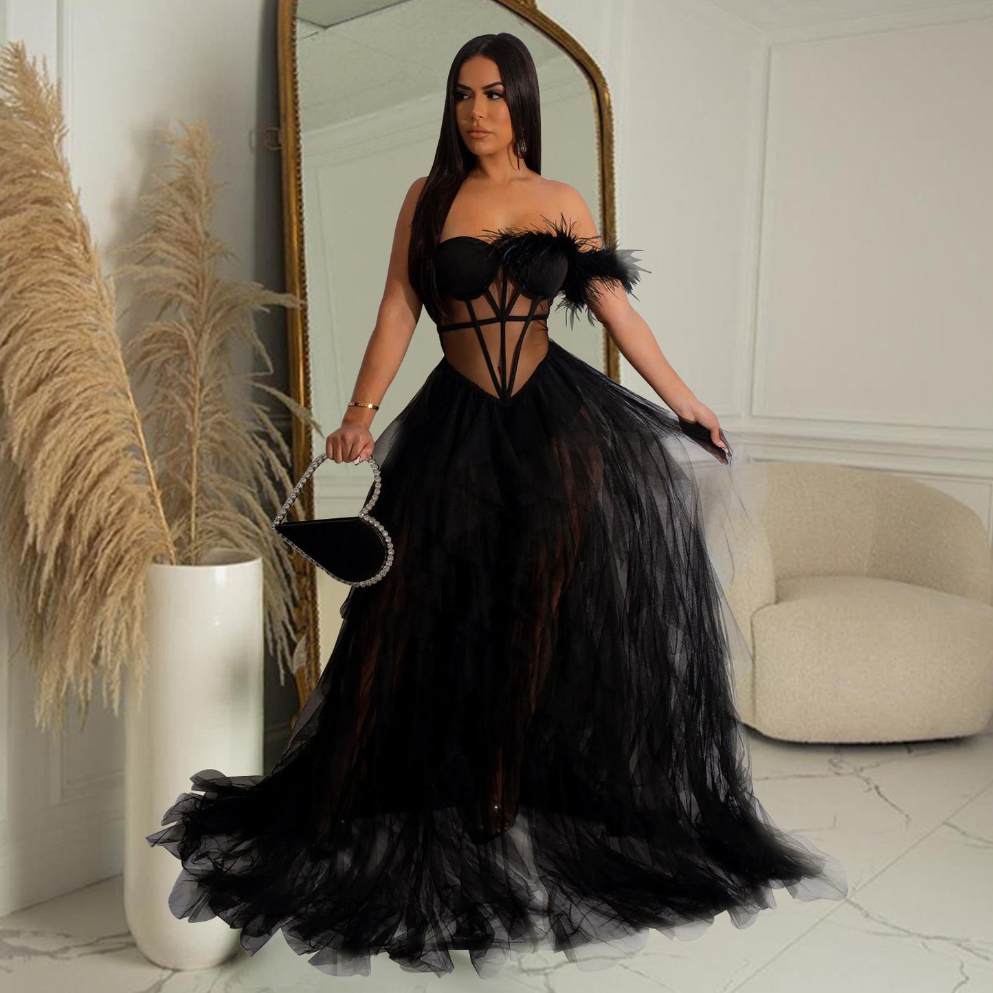 Fashion women's wear X6223 Cross-Border  Fashion Women's Wear Solid Color Sleeveless Chest Wrap Mesh Long Dress Dress