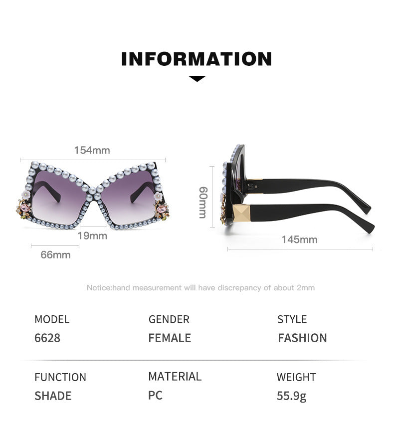 Women's fashion glasses 欧美镶钻眼镜时尚墨镜女跨境不规则镶珍珠太阳镜大框蝴蝶结墨镜