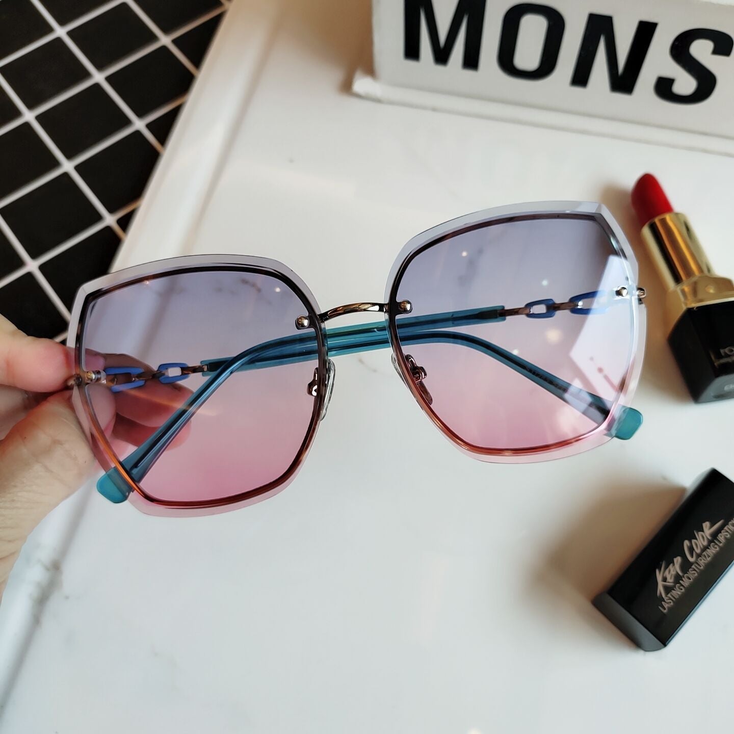 Women's fashion glasses 无框切边太阳镜2023新款女士防晒墨镜显瘦太阳眼镜防紫外线高级感