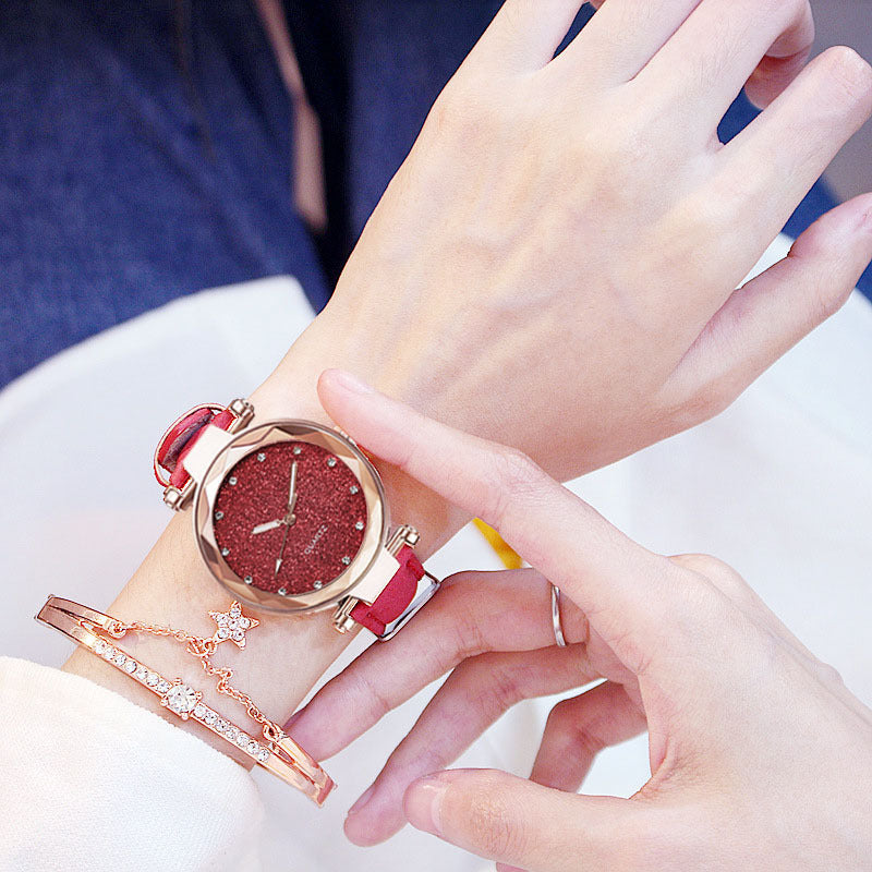Fashion women's watchForeign Trade Popular Style Silver Pink Rhinestone Face Women's Watch Frosted Leather Watch Strap Women's Casual Trend Two-Piece Set Wrist Watch