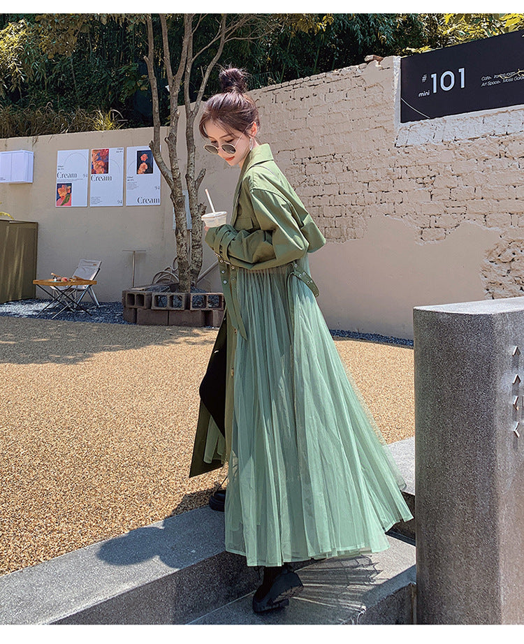 Fashion women's wear A Large Number of in Stock 2024   Purpleflower Holly Leaf Spring and Autumn Trench Coat Women's French Mesh Stitching Casual Temperament Coat