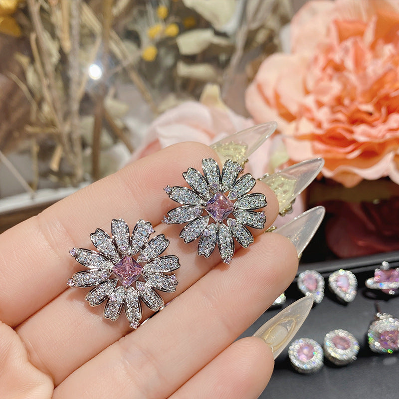 山茶璀璨粉宝石爱心耳饰 设计师镀18K金高定轻奢款蝴蝶结锆石耳钉