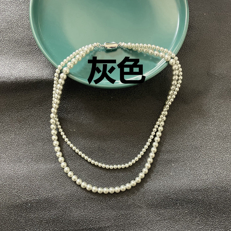 施华洛正圆灰色珍珠项链女双层叠戴锁骨链fever同款时尚饰品批发