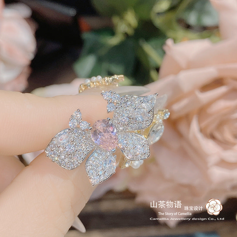 Camellia璀璨鸽血红宝石女士指环 镀金镶锆钻少女粉蝴蝶亲子戒指
