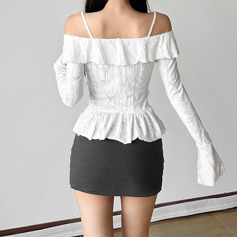 Free shipping new women's clothing solid color slim-fit street fashion one-word collar long-sleeved halter top tops