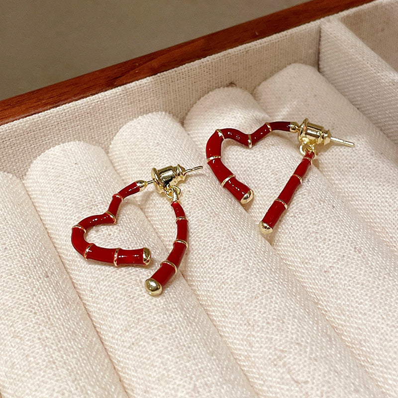银针滴油竹节心形耳环2023新款甜美耳钉ins高级感气质耳饰批发女