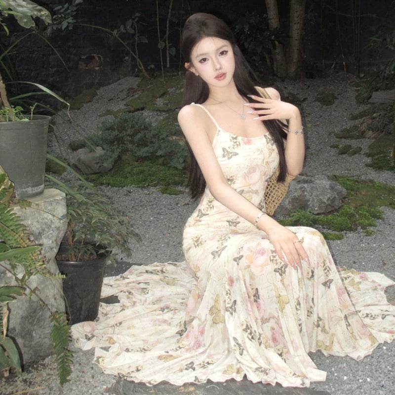 Fashion women's wear Beautiful Small Skirt Seaside Holiday Floral Strap Dress Tea Break French Style Temperament Slim-Fit Sheath Fishtail Long Skirt