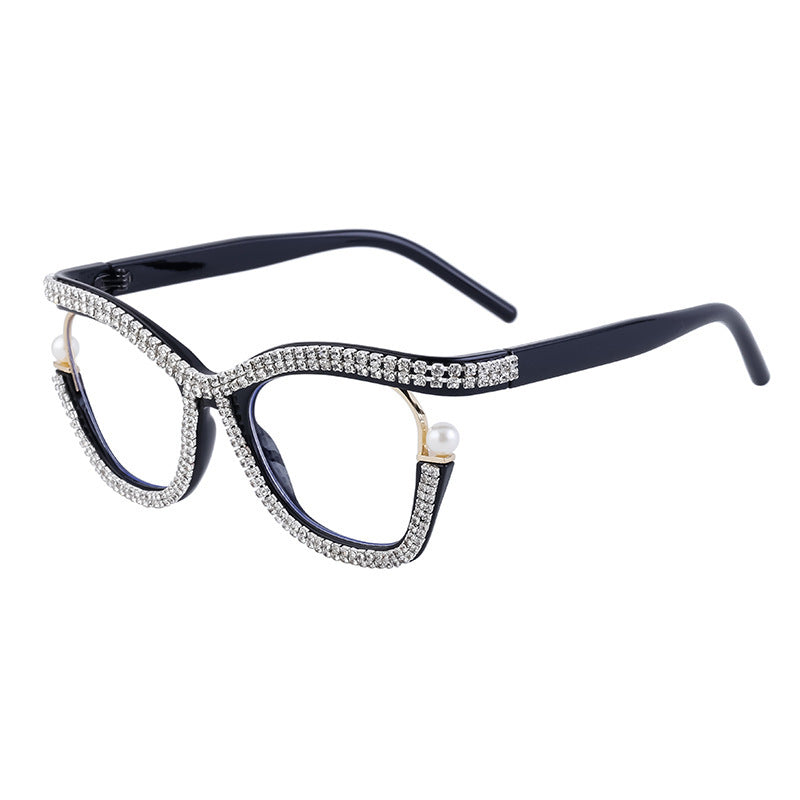 Women's fashion glasses 欧美新款个性镶钻平光眼镜框女时尚猫眼可配近视眼镜架女跨境批发