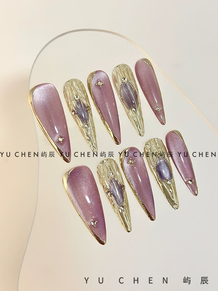 (Hand made nail) Original by Yuchen | Purple Buchirati Nail Wearing Nail Handmade Cat Eye Light Gold 3D Relief Heavy Industry