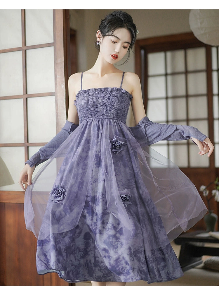 Fashion women's wear New Chinese Style Purple Strap Dress Suit Women's Spring 2024 New Small Fairy Lady Super Fairy Floral Skirt