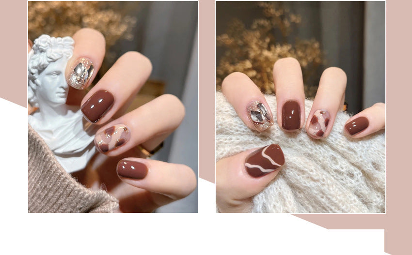 Fashion  nail Autumn and Winter Style Simple Rhinestone Milk Coffee Finished Nail Beauty Short Wear Fake Nails Detachable Nail Tip Wear Armor X95