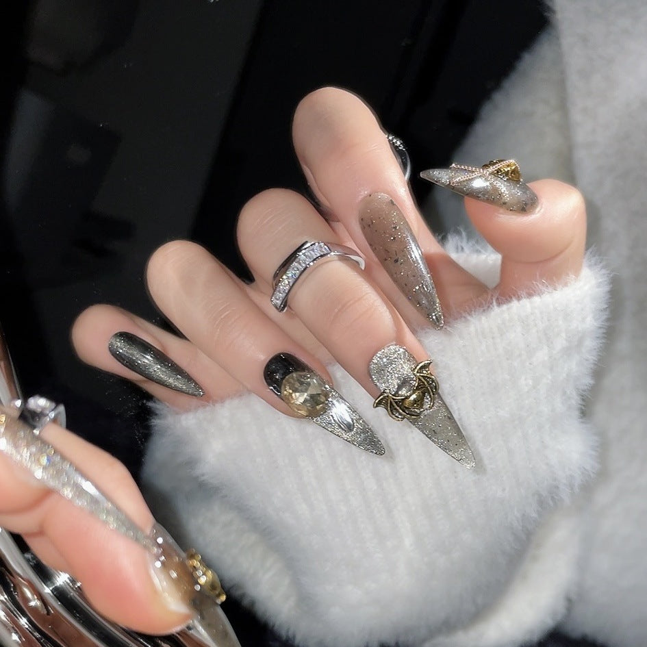 (reusable nail)Black-Jifeng Manicure Wearing a Black Chain Stereorelief Original Handmade Wearing a Nail Factory Wholesale