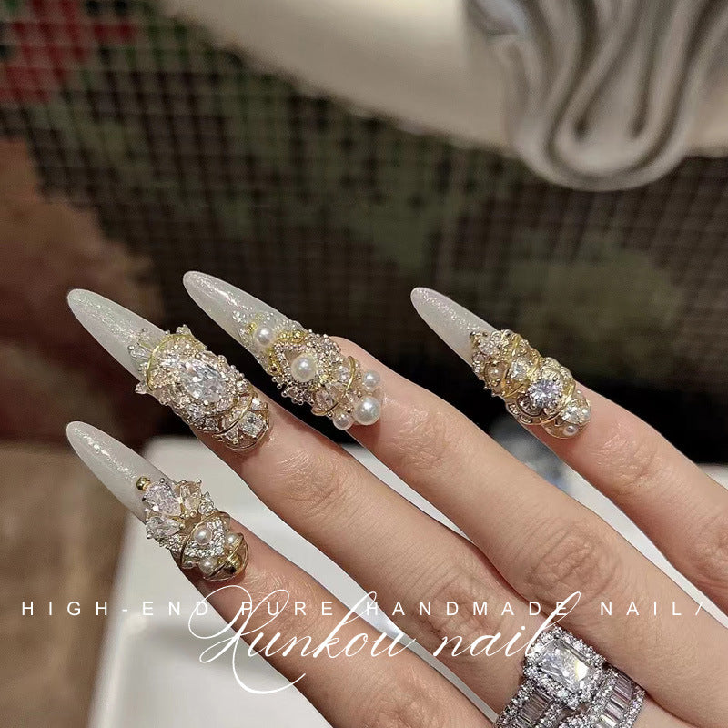 Hand-Made Nail Factory Straight Hair Luxury Ancient Greek Myth Flash Diamond Vintage Court Style Detachable Manicure