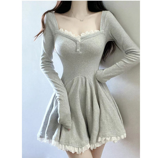 Fashion women's wear Gray Hot Girl Long Sleeve Dress Women's Clothing Autumn Sweet Lace Small Temperament Waist-Controlled A- line Skirt