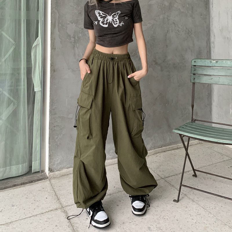 Fashion women's wear Overalls Women's 2024 Summer New American Parachute Pants High Waist Wide Leg Leisure Drawstring Sports Pants Fashion