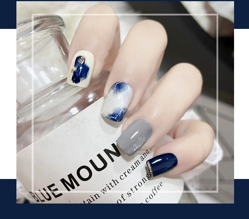 Fashion  nail Pure Desire Fake Nail Patch Blue Marbling Finished Nail Beauty False Nails Removable Nail Tip Wear Nail X105