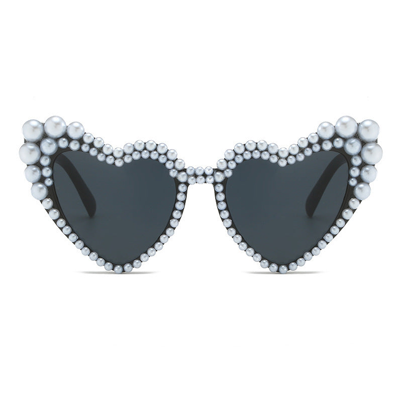 Women's fashion glasses 2022跨境大框架歪心欧美镶珍珠太阳镜桃心爱心女士墨镜防紫外线