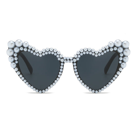 Women's fashion glasses 2022跨境大框架歪心欧美镶珍珠太阳镜桃心爱心女士墨镜防紫外线