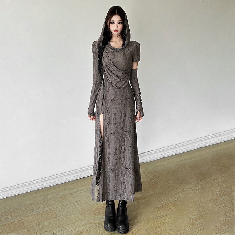 Free shipping   new women's clothing solid color slim-fitting high-waisted fashion hooded long-sleeved split dress